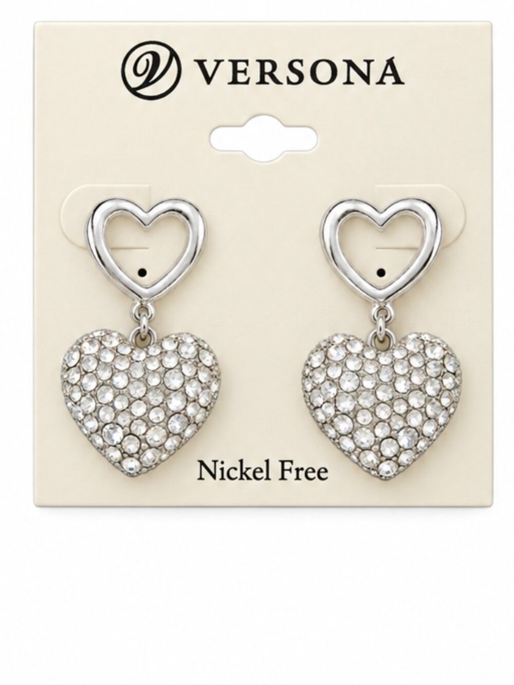 Versona Silver Tone Pavé Crystal Double Heart Drop Earrings
